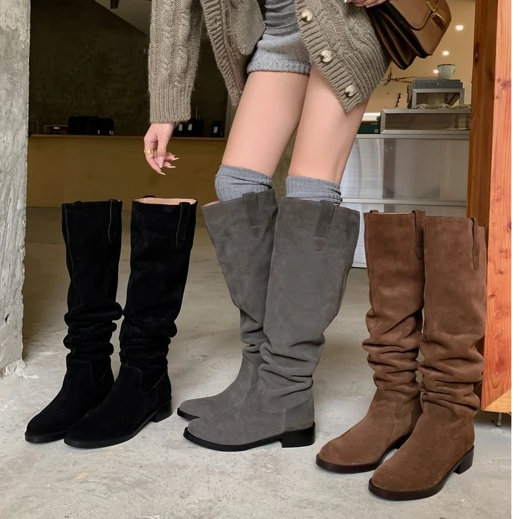 ZHIYU 复古氛围感 绒面复古堆堆靴 粗跟 骑士靴女长靴3.5CM