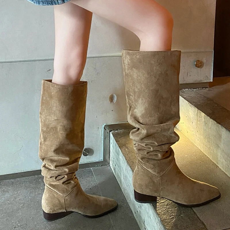 ZHIYU牛仔小方头/圆头宽筒堆堆靴 3cm暴走无压力 平底长/短款