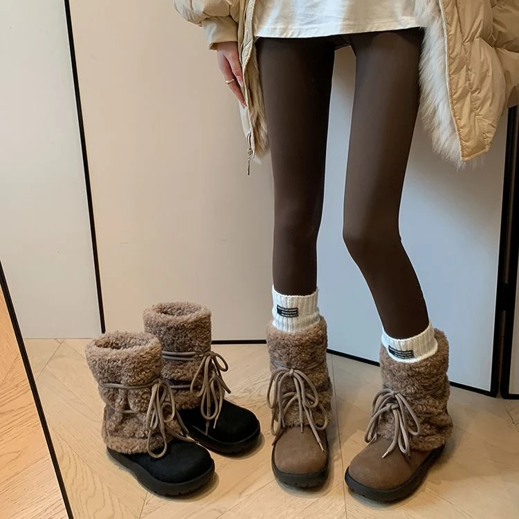 ZHIYU超绝可爱 绑带毛毛厚底雪地靴 复古短靴3.5cm
