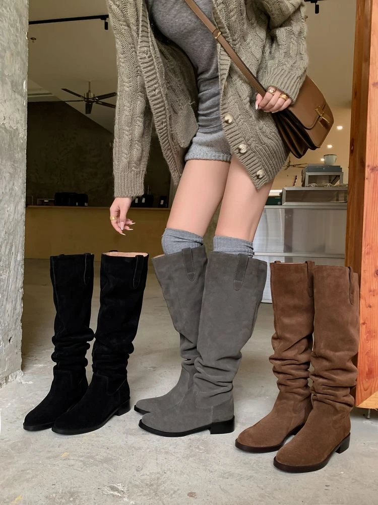 ZHIYU 复古氛围感 绒面复古堆堆靴 粗跟 骑士靴女长靴3.5CM