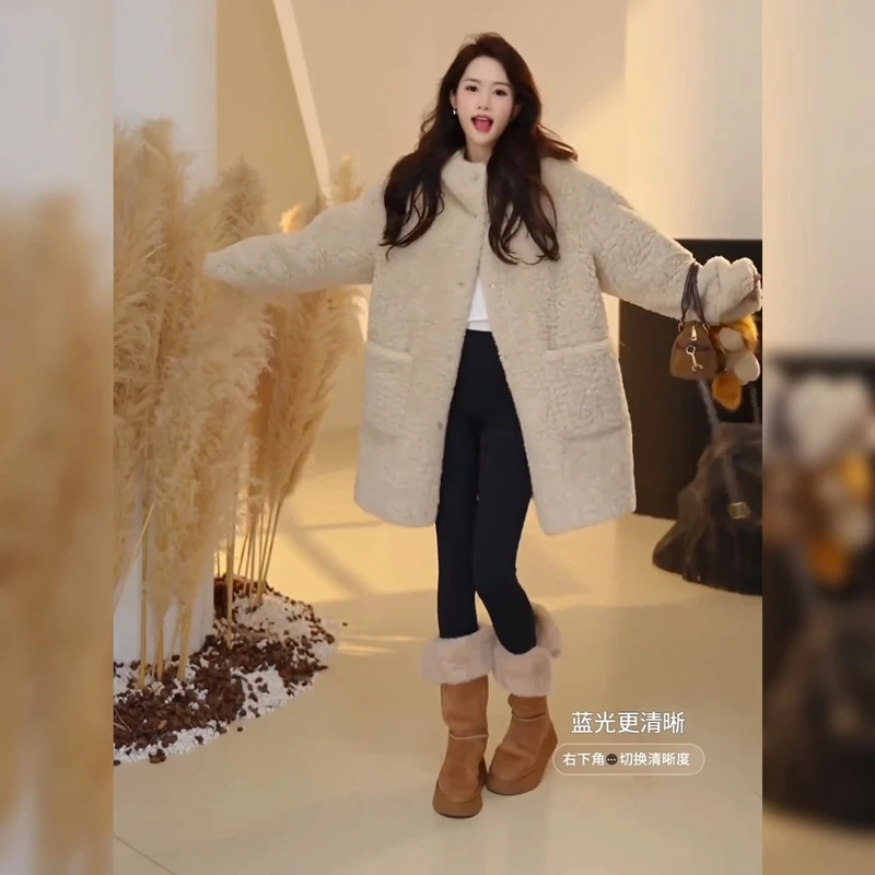 冬季氛围感穿搭时尚潮流加厚保暖显瘦连帽中长款宽松毛毛大衣外套