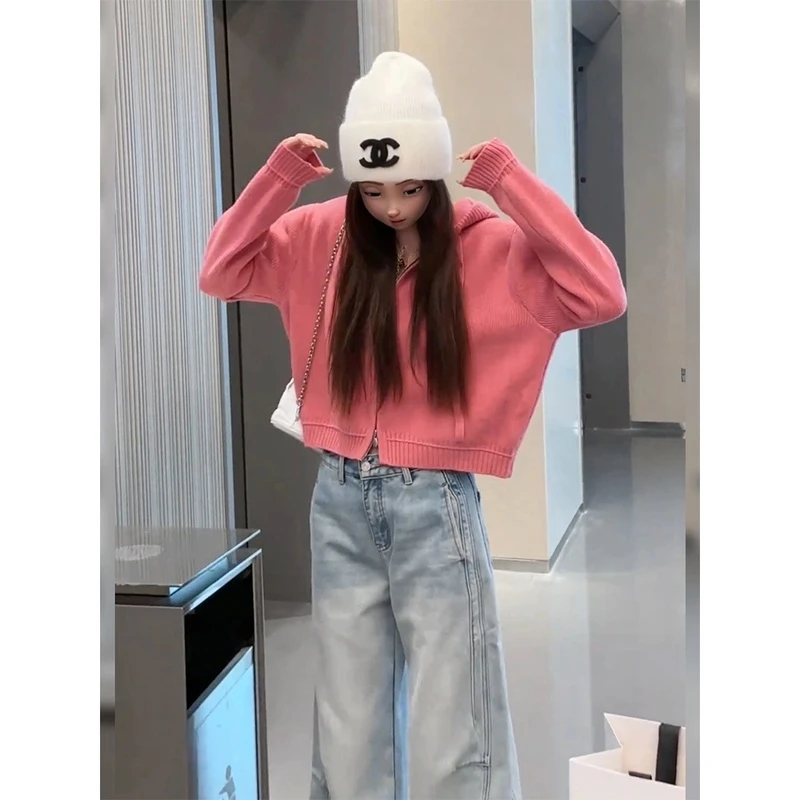 超显白时尚连帽双拉链毛衣开衫+设计感宽松百搭加绒牛仔裤两件套