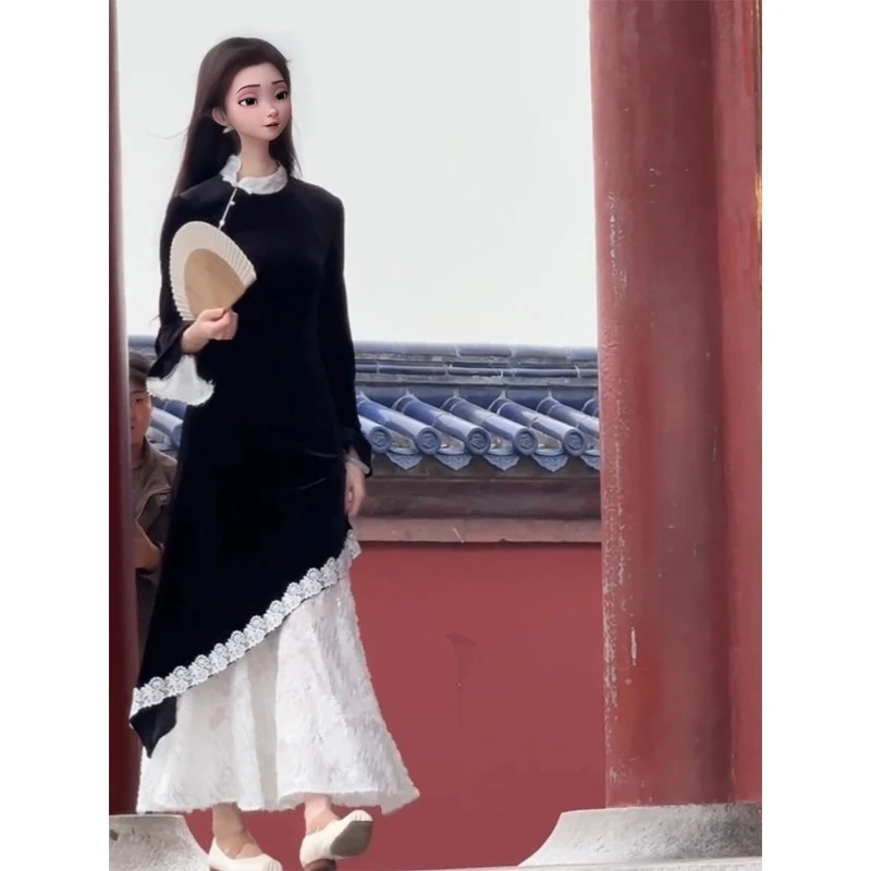 复古千金风气质新中式连衣裙拼接设计喇叭袖长款修身显瘦旗袍裙子