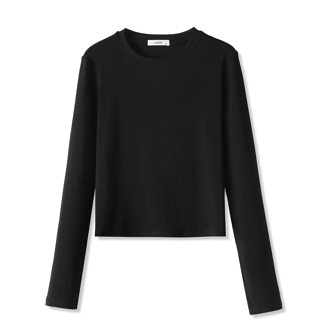 小宜原初圆领T恤女春秋季长袖打底修身显瘦百搭弹力短款黑色上衣