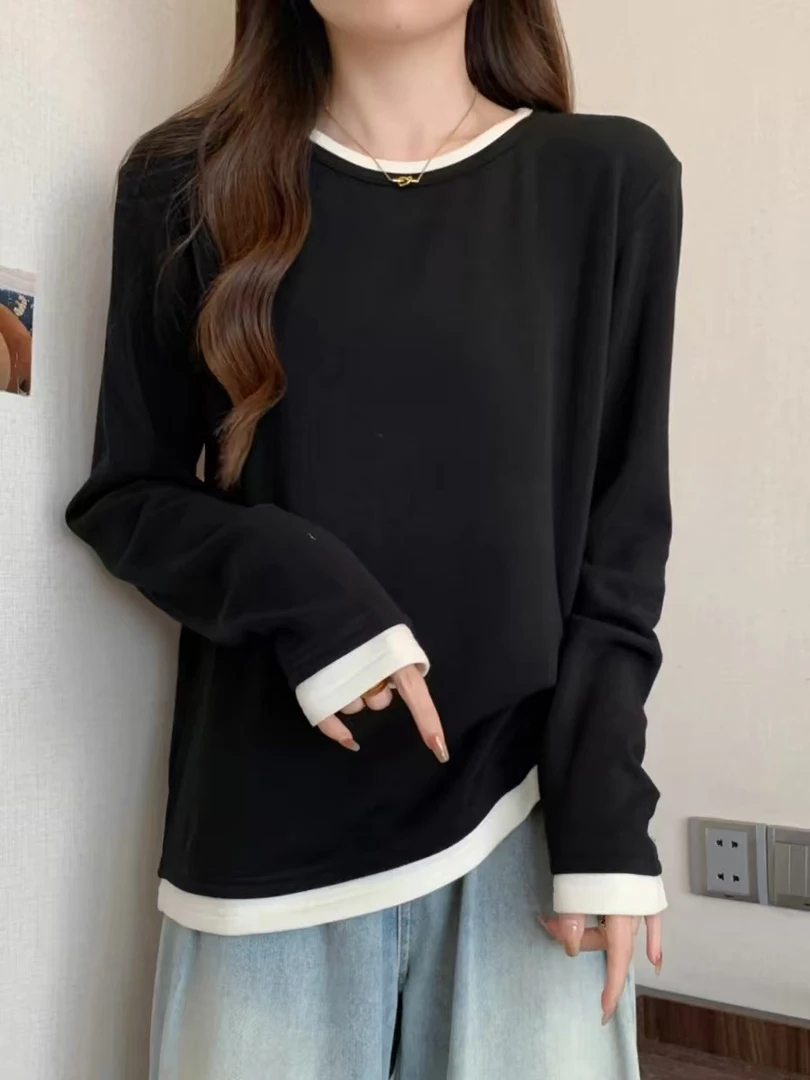 大码冬季双面德绒百搭休闲时尚拼接圆领打底衫8137（110-200）