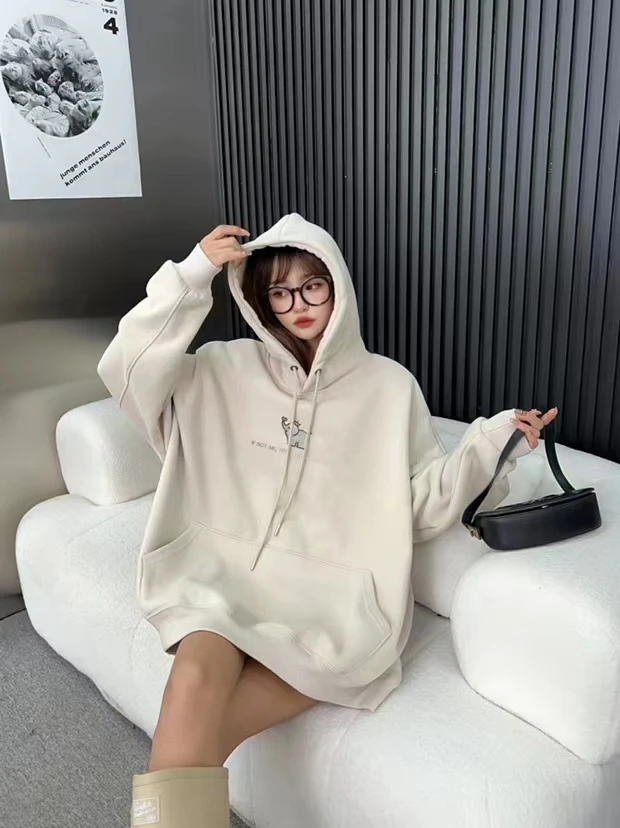 大码春秋中长款时尚宽松百搭休闲连帽印花卫衣24053（130-220斤）