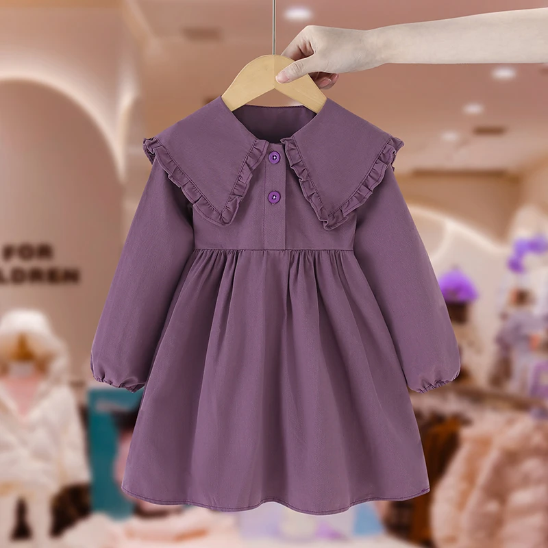 女童洋气韩版连衣裙2025新款儿童装娃娃领宝宝长袖紫色秋冬公主裙