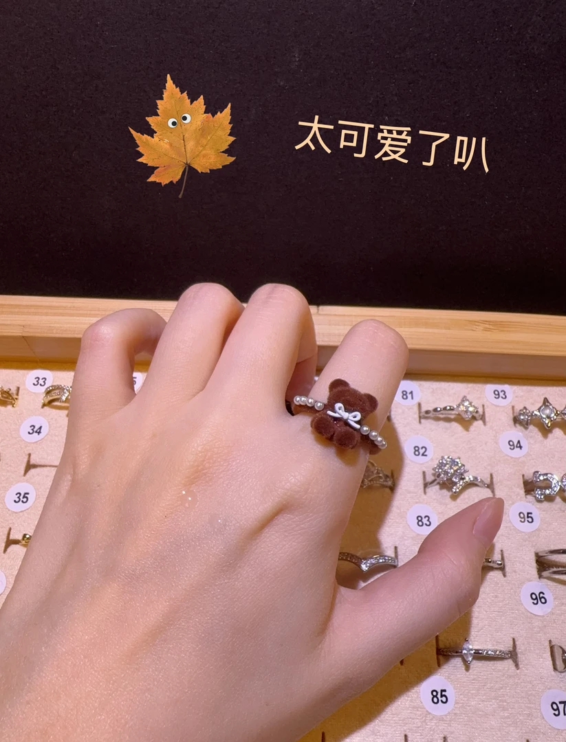 合金仿珍珠戒指 2024 戒指可调节植绒圣诞可爱女士甜美手工简约