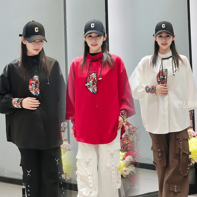 082缎面古风宽松版衬衫复古绣花中国风国潮