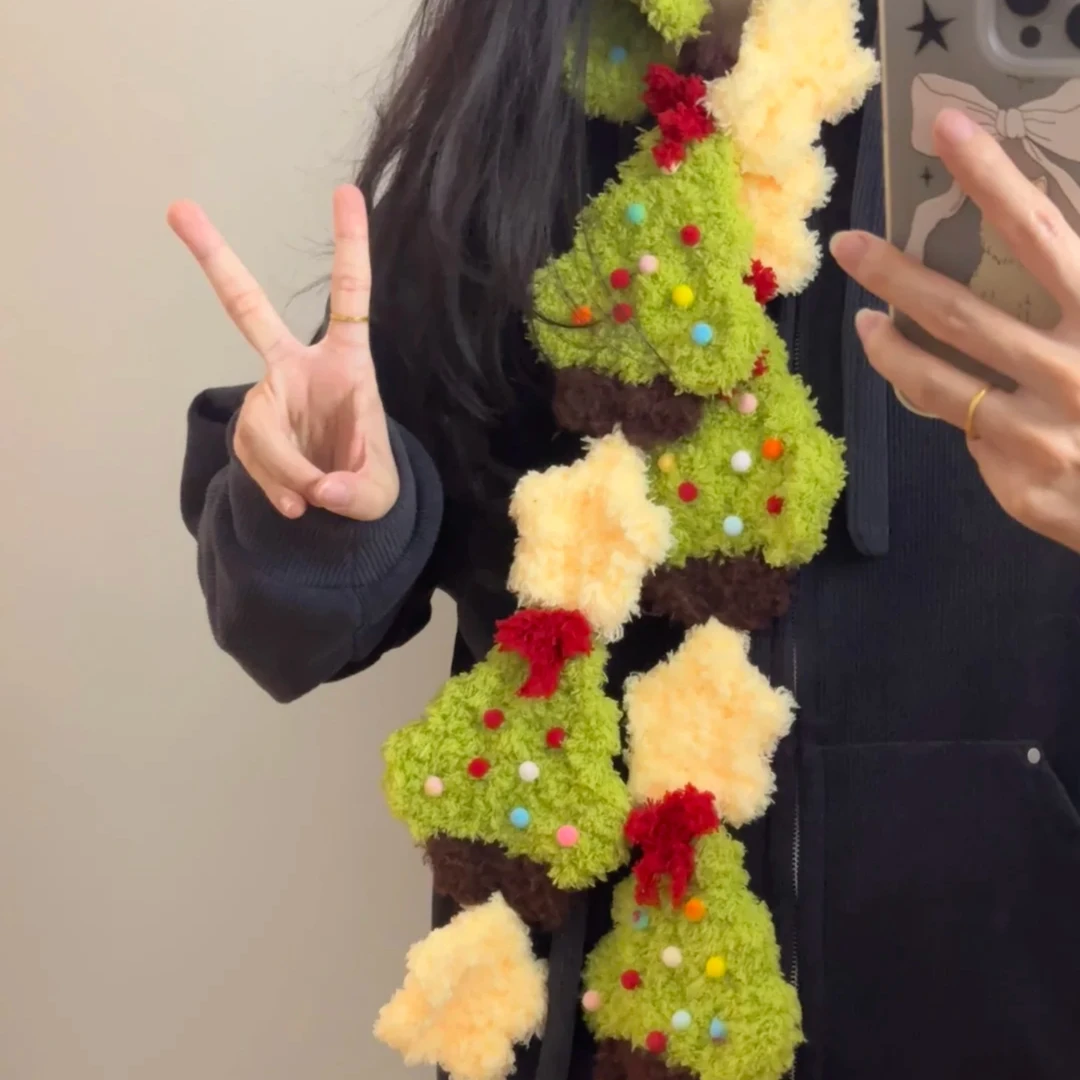 溺水小苑自制圣诞树星星拼接围巾钩针款送工具教程自己制作diy