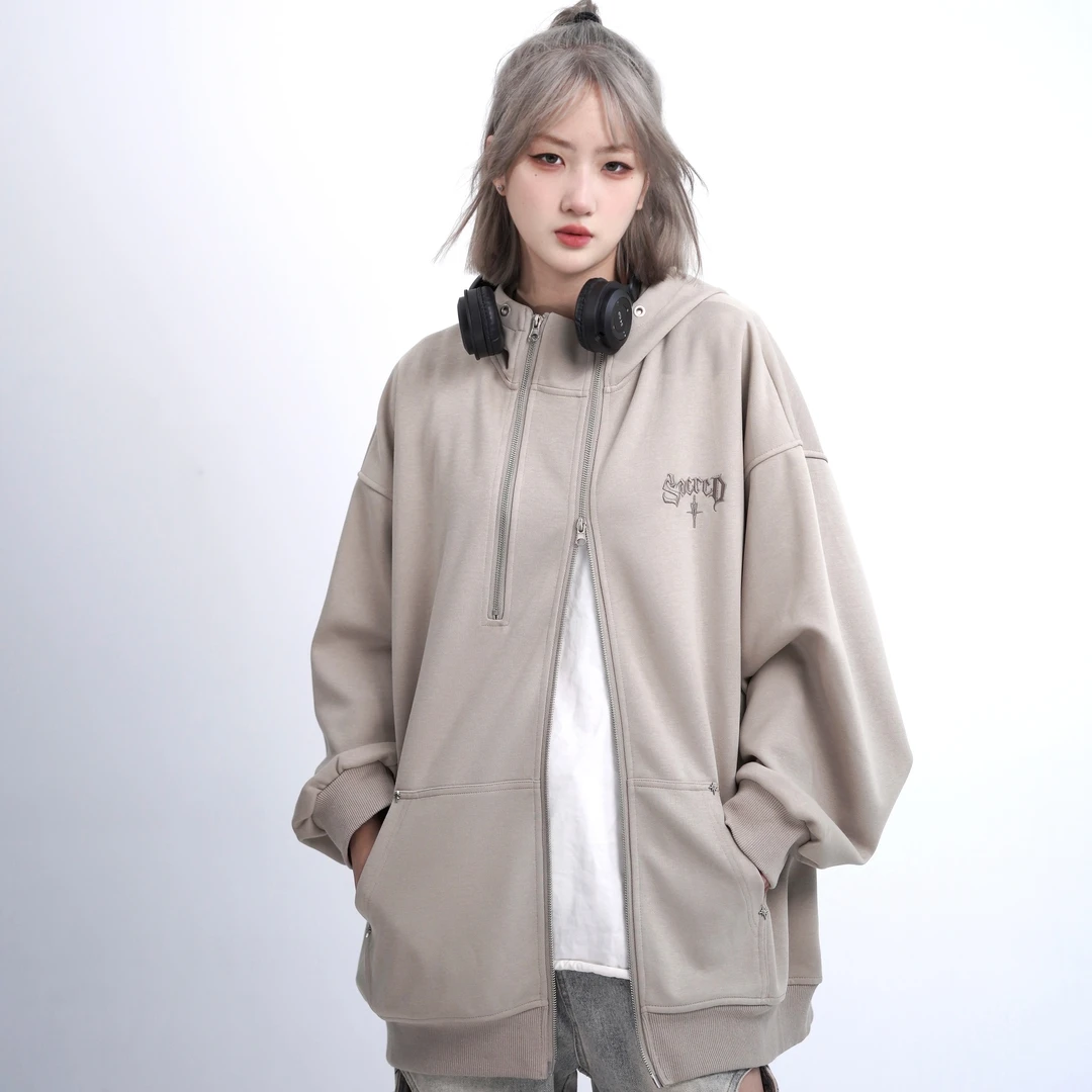 【双拉链+男女同款+卫衣外套】春秋纯色情侣时尚连帽长袖百搭高级感