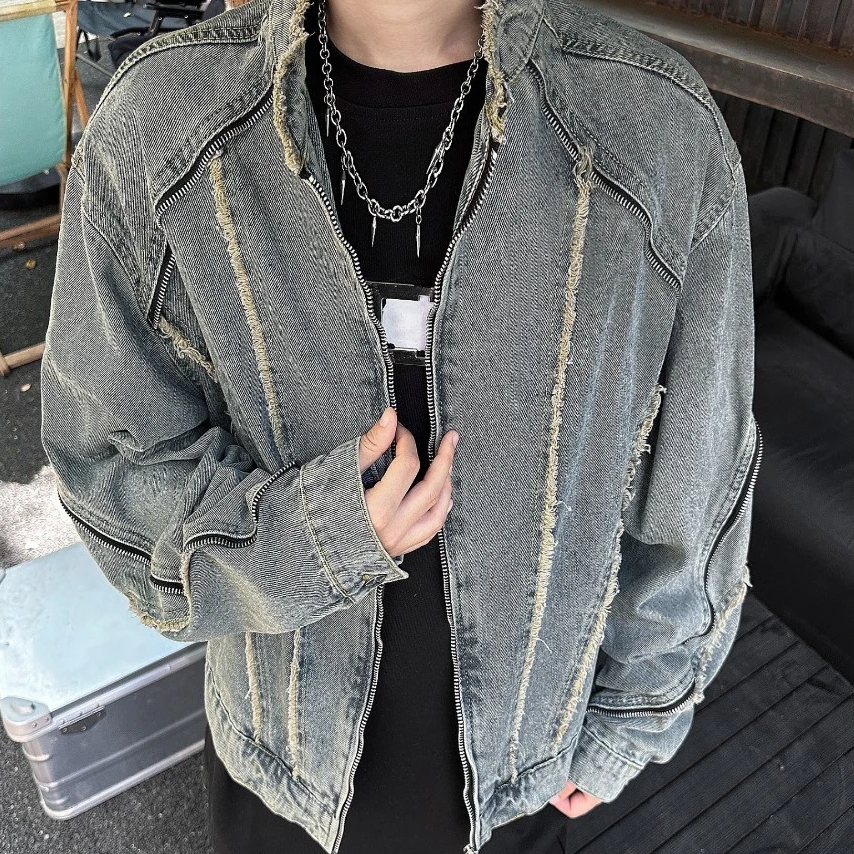 美式复古解构毛边水洗牛仔外套男春秋季短款机车风立领帅气夹克潮