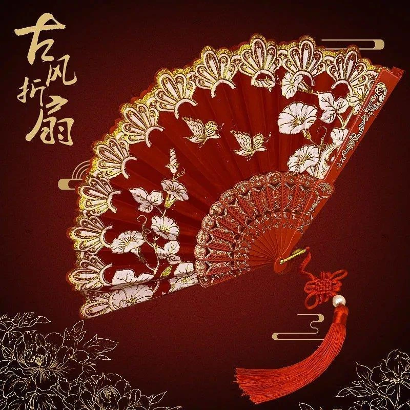 夕颜中国风古风扇子旗袍扇子女士折扇舞蹈扇女士扇网红扇手工黑色