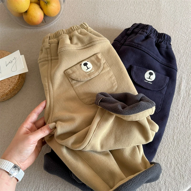 男童冬装一体绒裤子2025新款儿童韩版卡通时尚休闲宽松直筒裤长裤