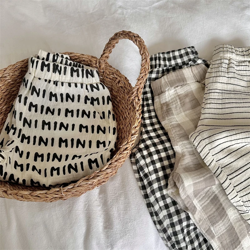 儿童长裤2023眯眯眼夏季新品男女童条纹字母防蚊裤宝宝束脚长裤薄