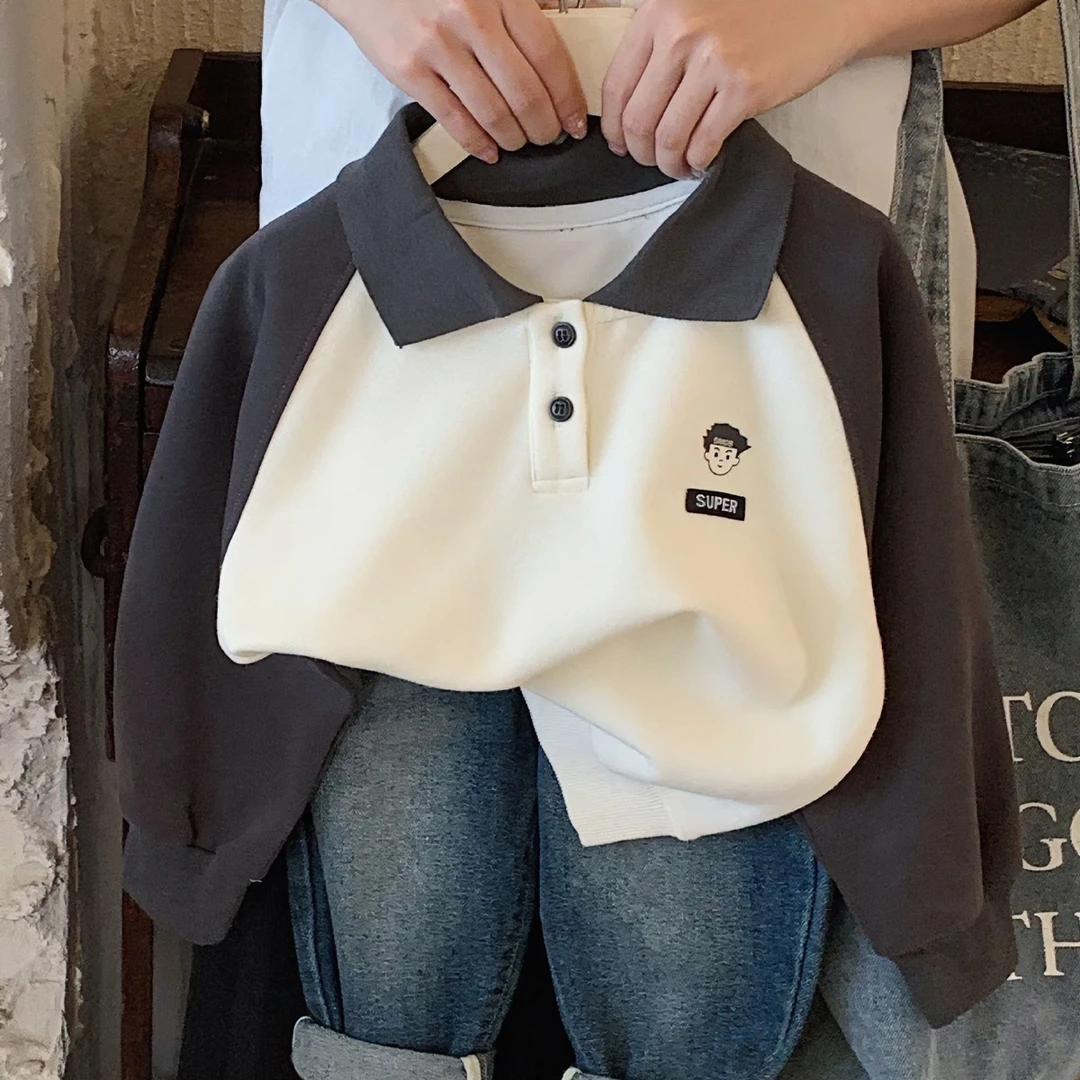 男童韩版翻领卫衣2024春秋新款儿童帅气潮酷时髦插肩袖百搭POLO衫
