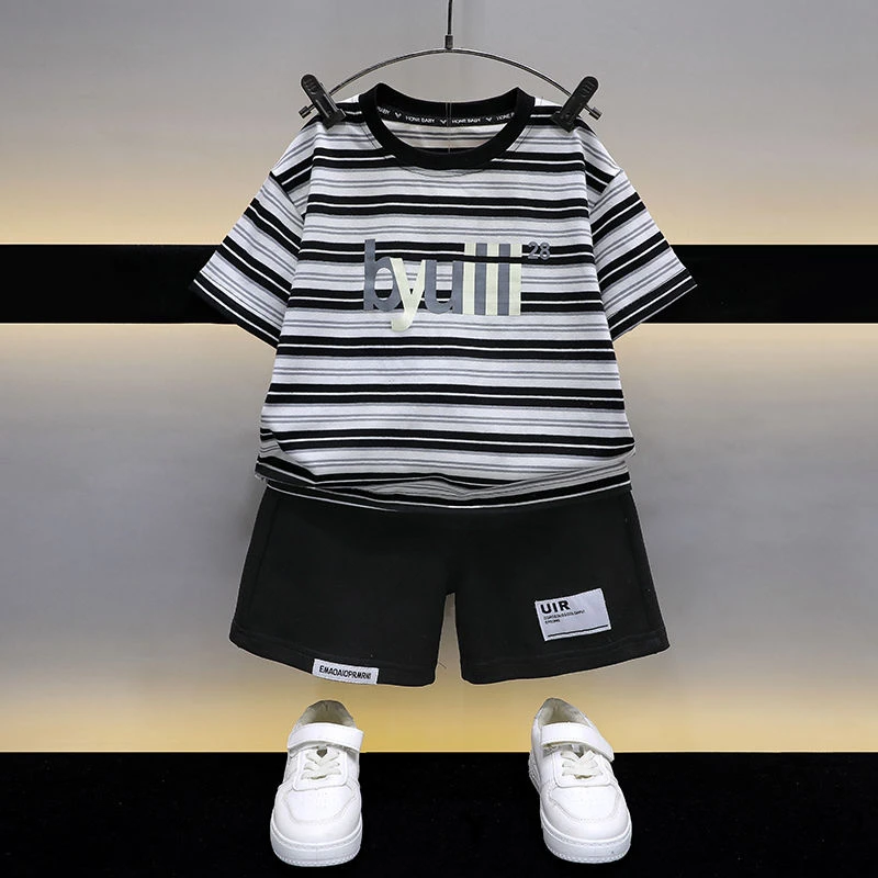 男童套装夏季2023新款条纹韩版男宝宝夏装洋气休闲儿童短袖两件套