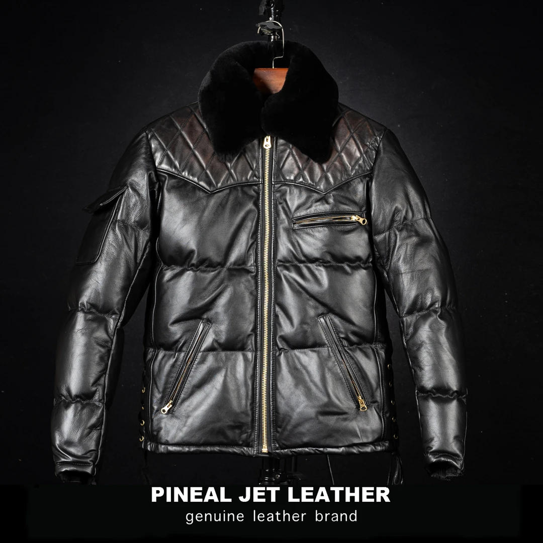 PJL新款冬季男款时尚休闲百搭羊皮拼接茶芯马皮复古拼接皮羽绒服K