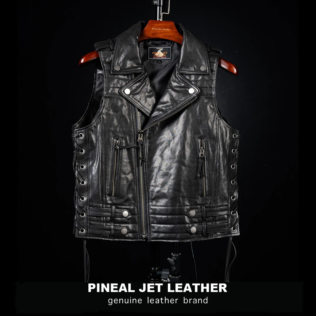 PJL新款男士时尚个性阿美咔叽山羊皮抽绳机车马甲