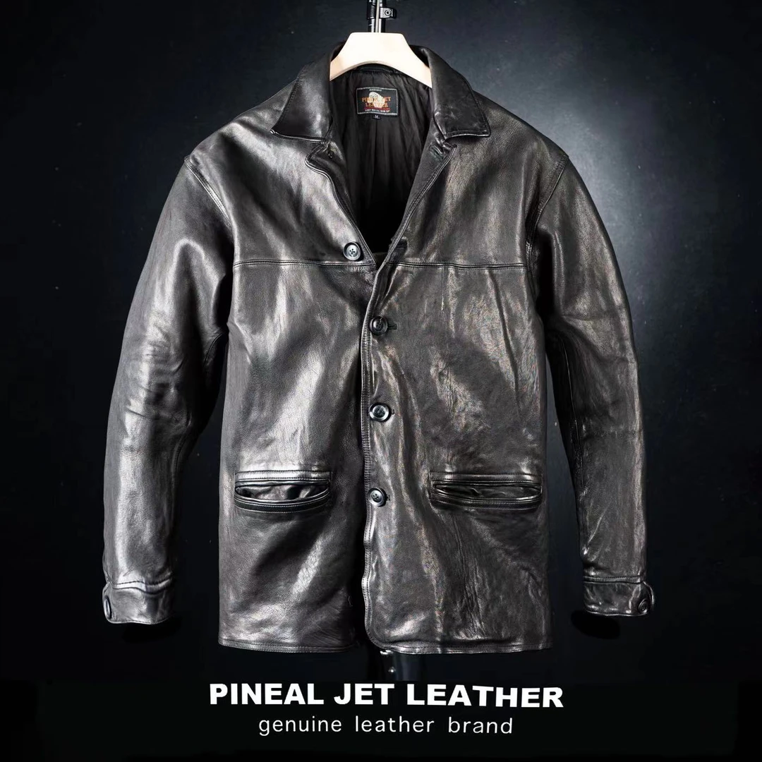 PJL2025新款男士休闲重水洗羊皮复古中长款翻领经典大司闸员K