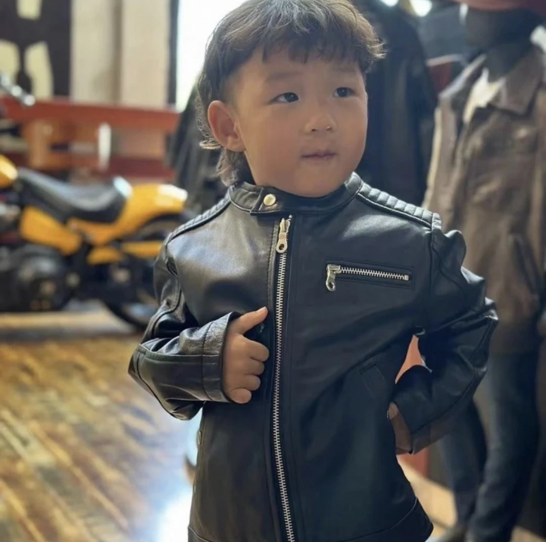 PJL童男女同款立领短款绵羊皮皮衣皮夹克K