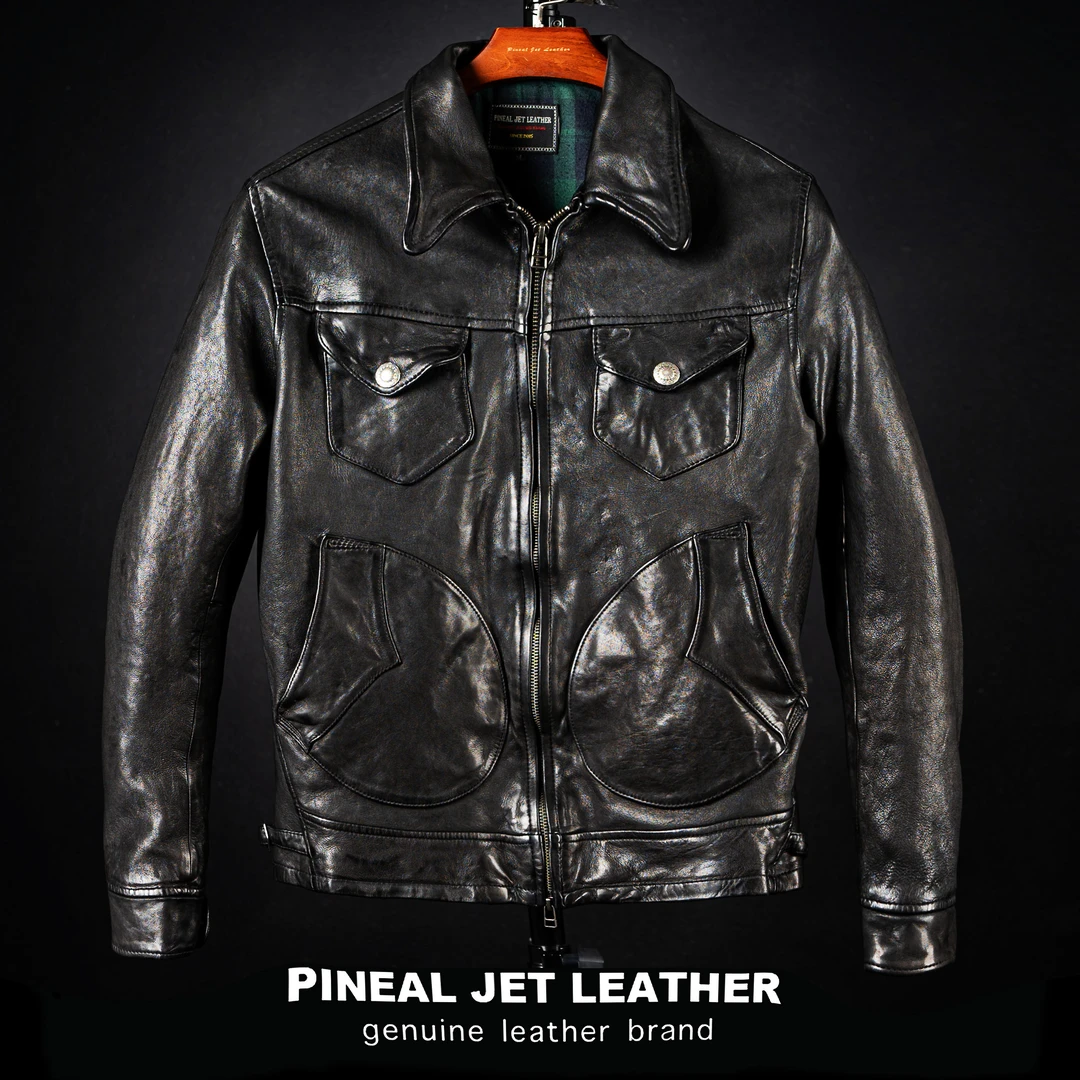 PJL男士短款翻领复古做旧月亮兜农场主经典羊皮门多萨皮衣K