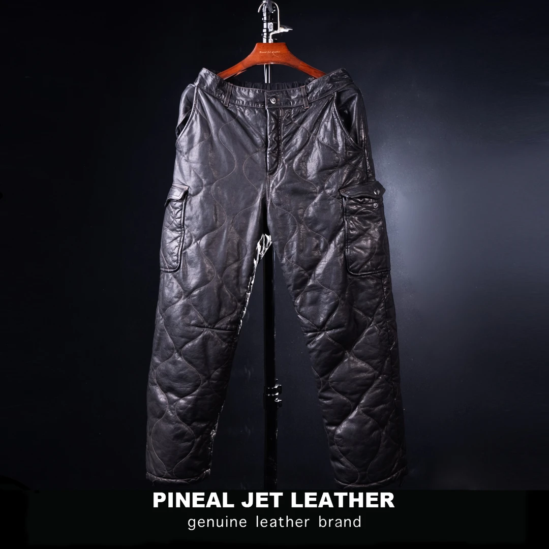 PJL男士休闲外穿冬季加厚加棉长款牛皮皮裤K