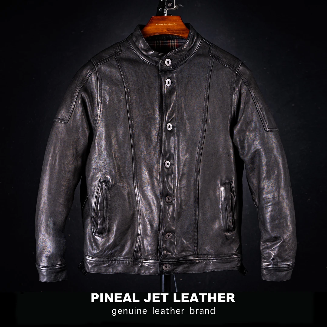 PJL新款羊皮重水洗复古风格立领重磅外套经典立领牛仔机车夹克K