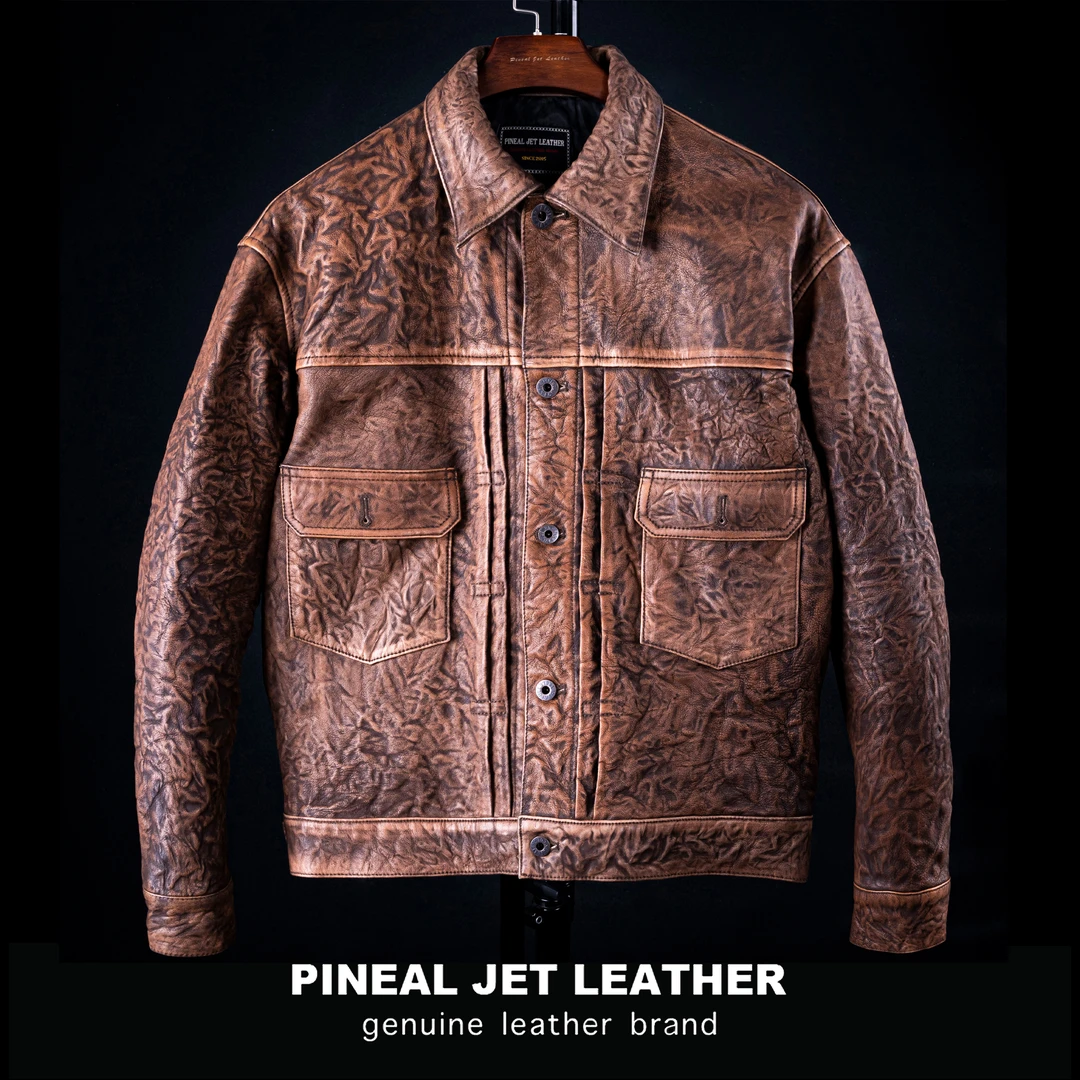 PJL新款阿美咔叽复古自然做旧绵羊皮褶皱感时尚真皮外套扎染506