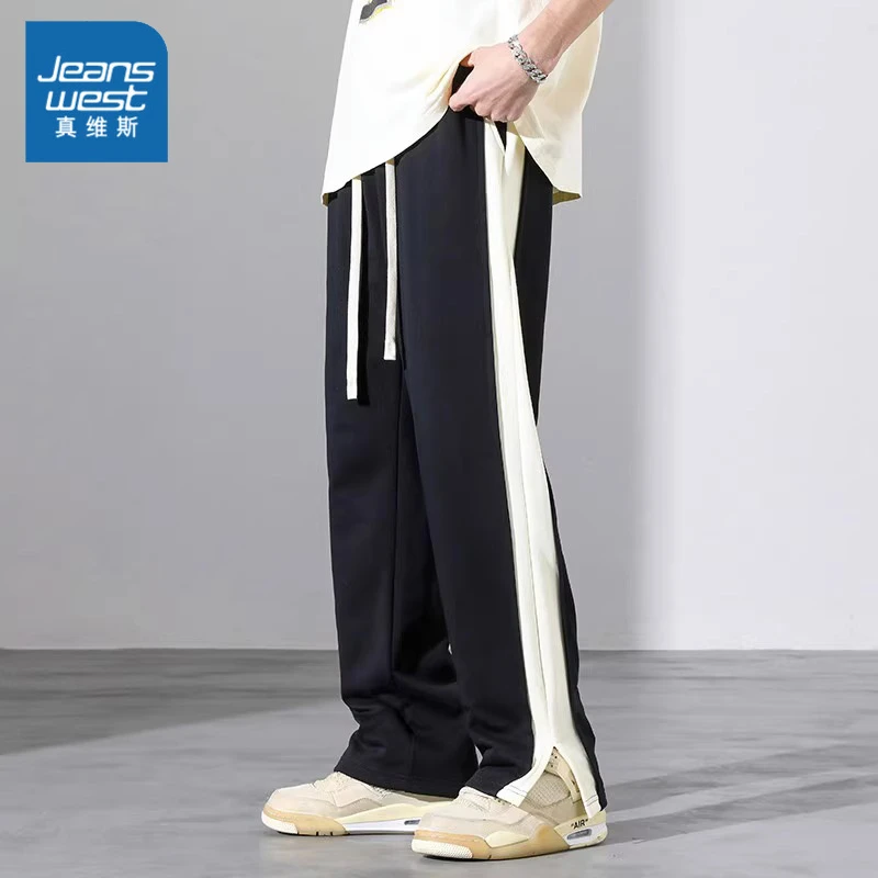 Jeanswest/真维斯美式高街休闲裤男士春秋潮流宽松直筒条纹运动裤