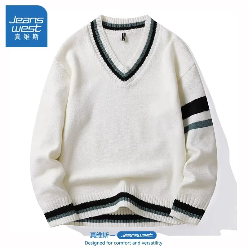 Jeanswest/真维斯港风拼色V领针织毛衣男士秋冬宽松潮流日系线衣