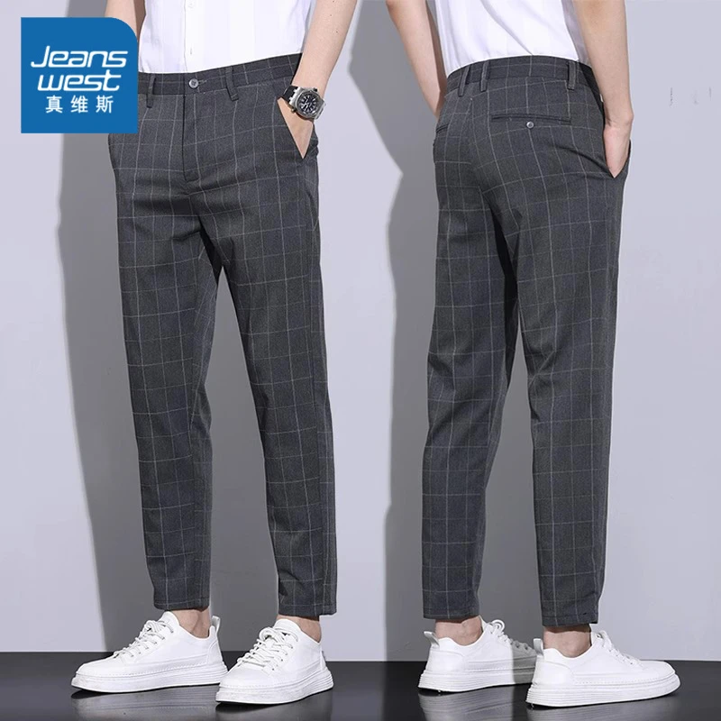 Jeanswest/真维斯裤子夏季男款九分休闲裤男士直筒修身格子小脚裤