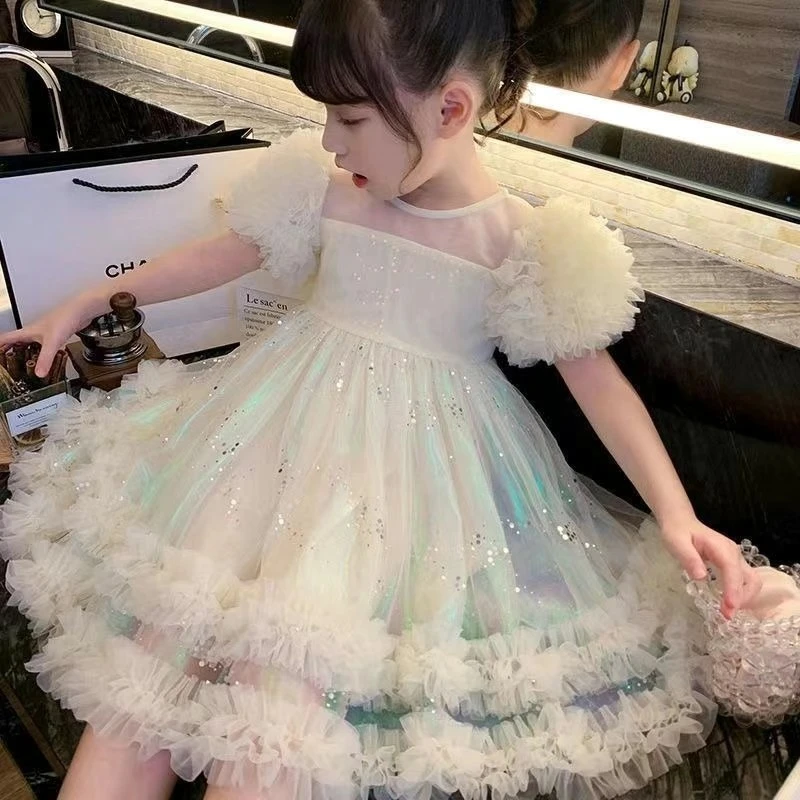 女童连衣裙夏装2023新款洋气小女孩短袖人鱼姬蓬蓬网纱儿童公主裙