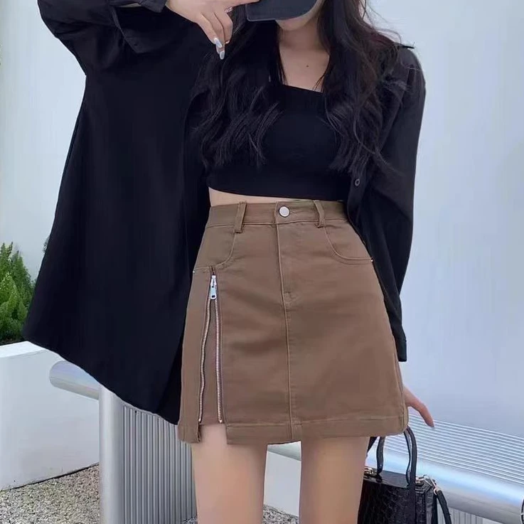 2626款时尚牛仔半身裙设计感拉链修身显瘦防走光a字短裙