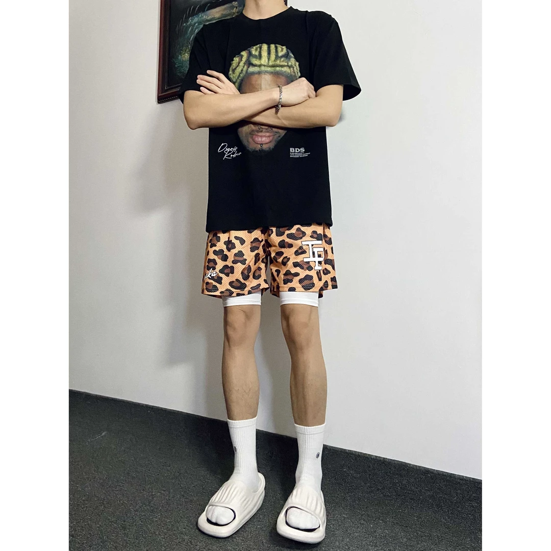 潮牌豹纹夏季美式短裤男运动训练速干带内衬四分不过膝篮球裤男