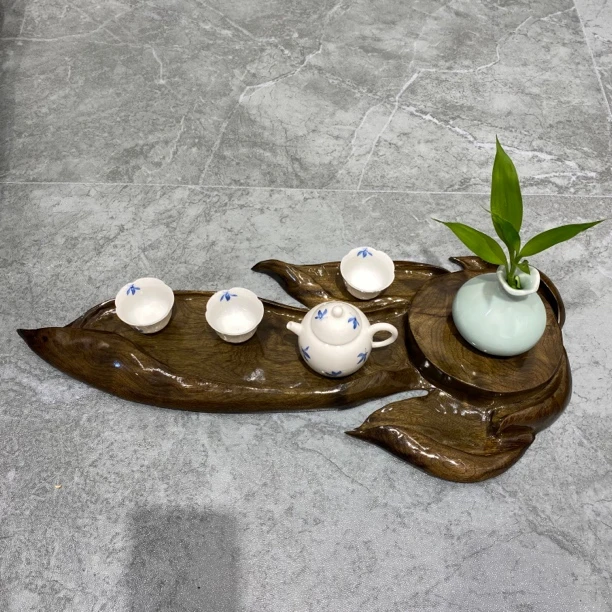 阴沉小叶金丝楠木 手工雕刻实木花瓣茶盘