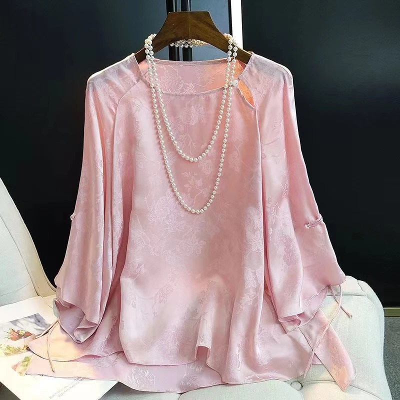 爆款粉色提花高端时尚 上衣女秋季新中式盘扣圆领显瘦衬衫