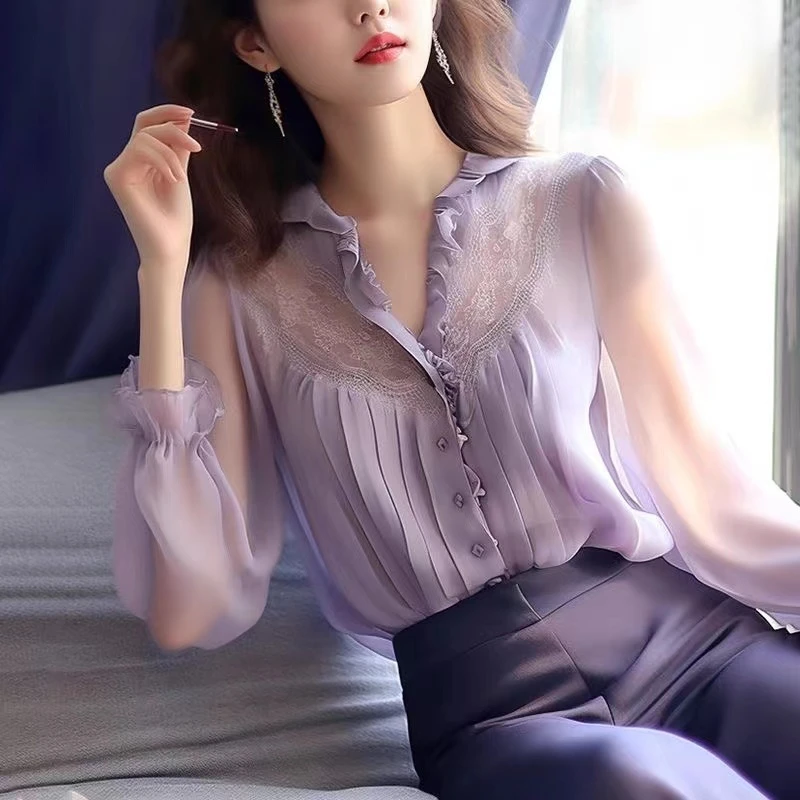 春装女2024年新款慵懒风高级感气质通勤减龄显瘦碎花雪纺衬衫上衣