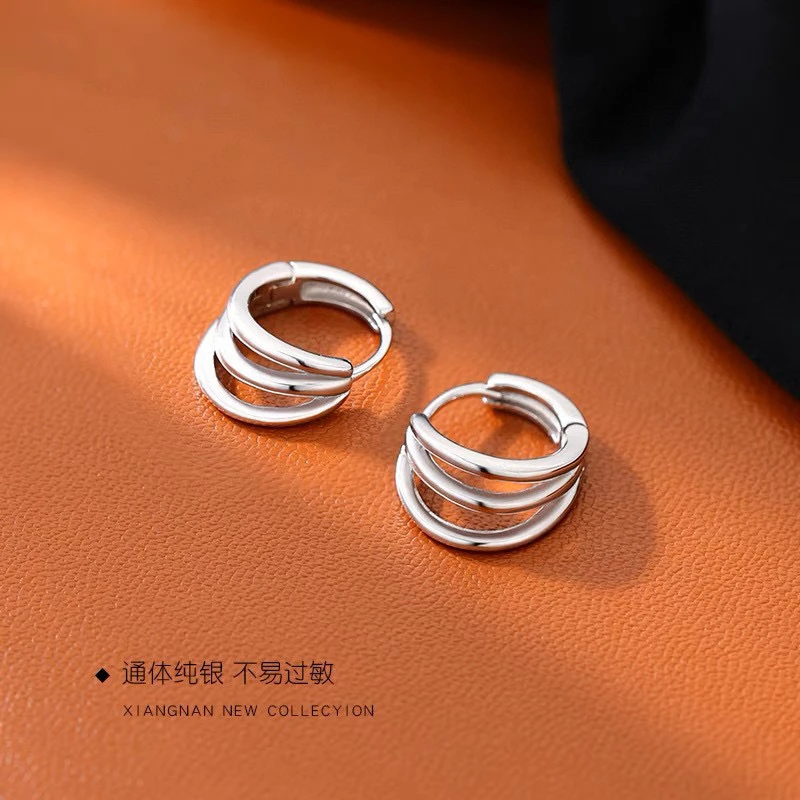 足银耳饰 足银990 光面三排时尚耳扣 时尚潮流 精品现货
