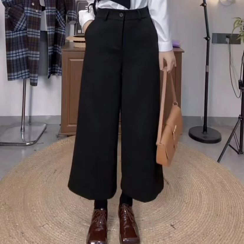 毛呢靴裤九分阔腿裤女2025新款韩系高腰宽松显瘦休闲黑色裤子