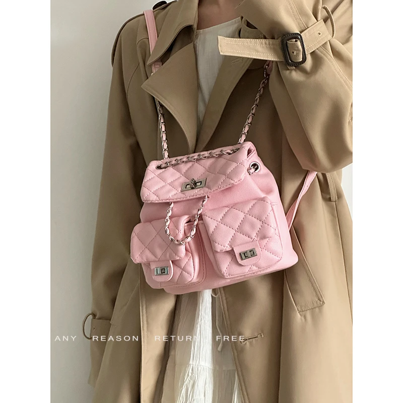 韩版小香风百搭菱格链条双肩包包女学生通勤大容量书包时尚背包