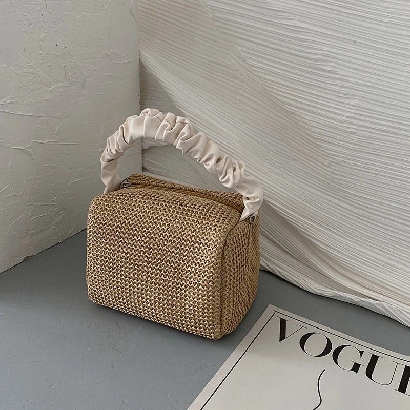 草编包女夏季法式小众百搭手提2021新款链条编织豆腐包撞色斜挎包