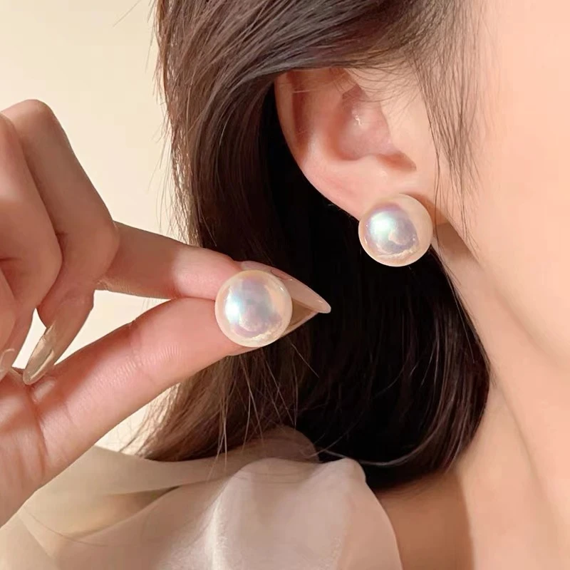 铜合金仿珍珠耳饰 炫彩扁16MM馒头珠通勤日常百搭耳钉-630