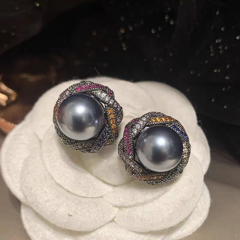 铜合金合成锆石耳饰 【星花悦】奢华镶嵌气质百搭枪黑色-596