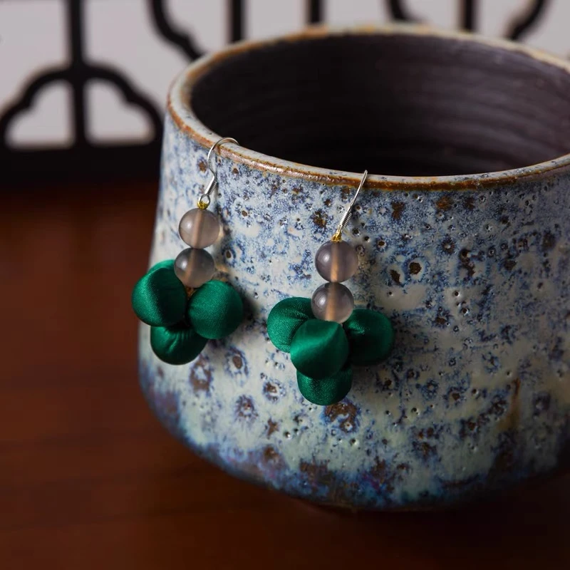 铜合金布艺耳饰 【点缀】新中式古风小众手作绿色气质-229