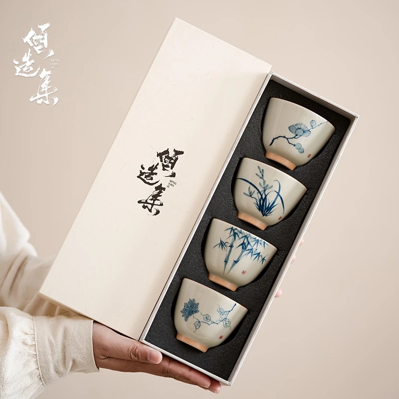 倾造集手绘梅兰竹菊敞口茶杯家用陶瓷主人杯功夫茶具套组盒装送礼
