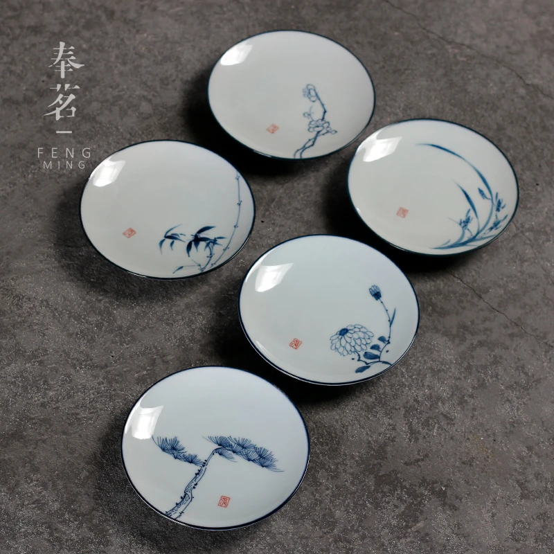 奉茗仿古手绘青花圆形杯垫陶瓷功夫茶具隔热防烫茶杯垫子茶道配件
