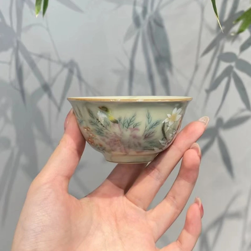 惊蛰 秘色黄汝窑宽口茶杯 花鸟图主人杯品茗杯 新中式功夫茶具
