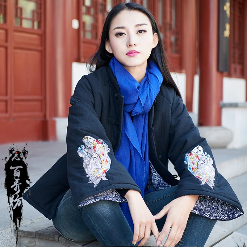 2024秋冬新款念百秀纺棉麻女装加棉刺绣保暖柔软复古女式棉服棉衣