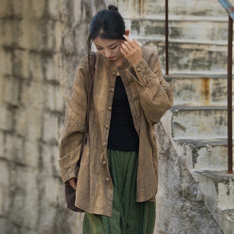 春夏棉麻女装新款苎麻扎染做旧砂洗改良禅系茶服旅拍开衫女式外套